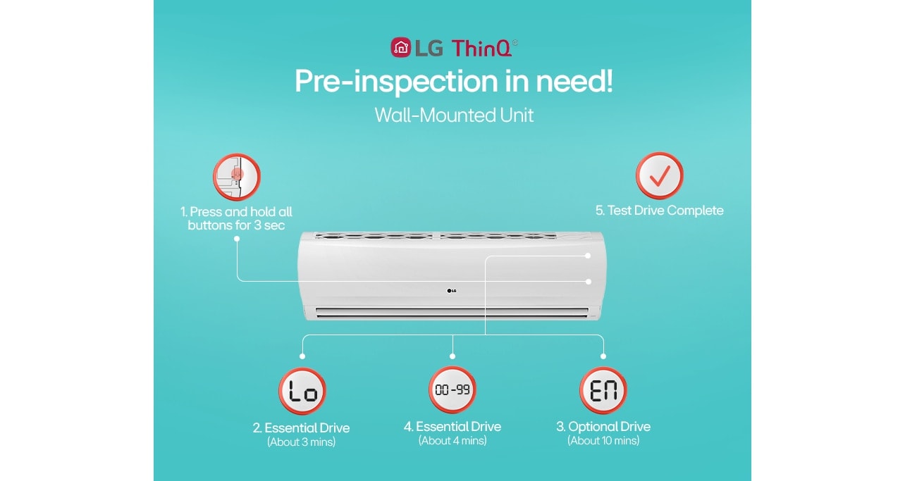 LG wall-mounted unit air conditioner with instructions for pre-insepction steps.